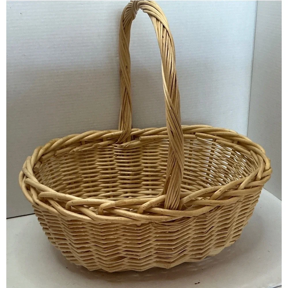 Vintage Wicker Basket Oval Woven Wood Handle Large Natural Farmhouse